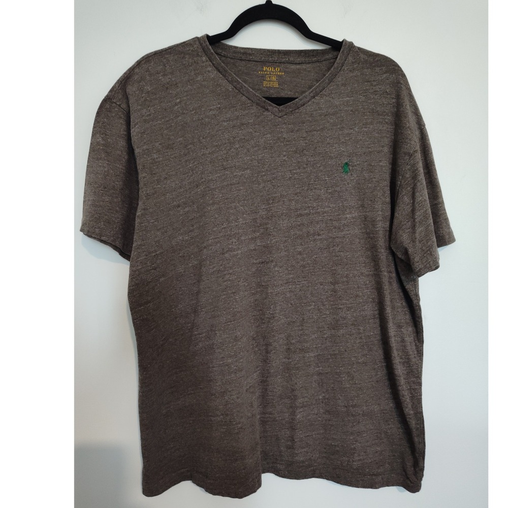 Polo Ralph Lauren Mens V-Neck T-Shirt Large Brown Heather Grey Green Pony Logo